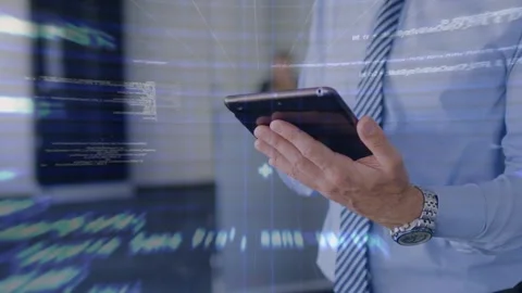 Office executive tapping tablet screen and initiating 3D code streams audio Stock Footage 317206444
