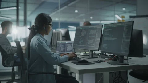 Office Female Software Programmer Work on Computer Stock Footage 159541861