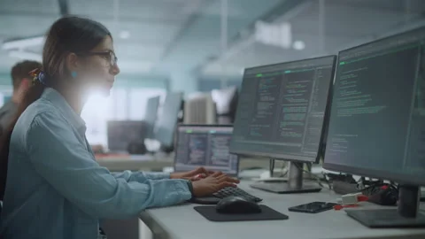 Office Female Software Programmer Work on Computer Stock Footage 159541946