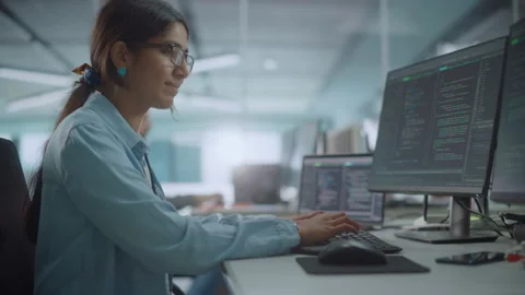 Office Female Software Programmer Work on Computer Stock Footage 159542142