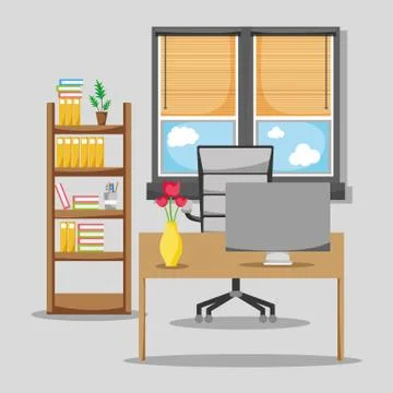 Office flat with desk and work accessories Stockillustratie