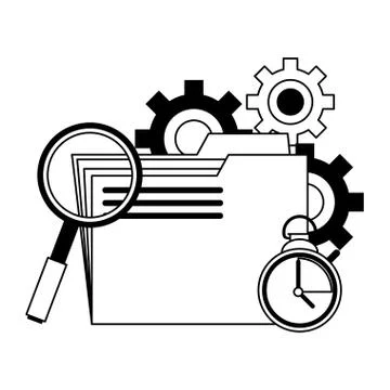 Office folder and business technology symbols in black and white Stock Illustration