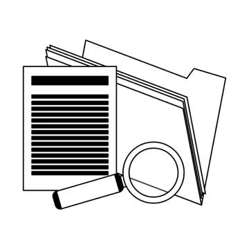 Office folder and document with magnifying glass in black and white 库存插图
