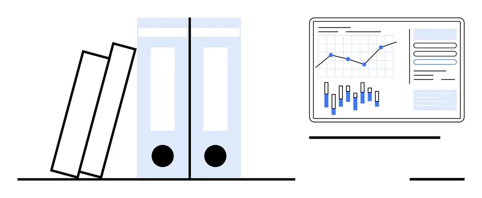 Office folders with data analytics showing on screen reflecting organized w.. イラスト素材