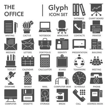 Office glyph SIGNED icon set, work symbols collection, vector sketches, logo Stock Illustration