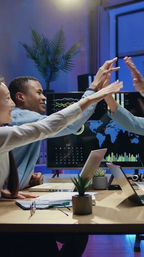 Office goals concept where attractive smiling confident experienced young divers Stock Footage 329186530