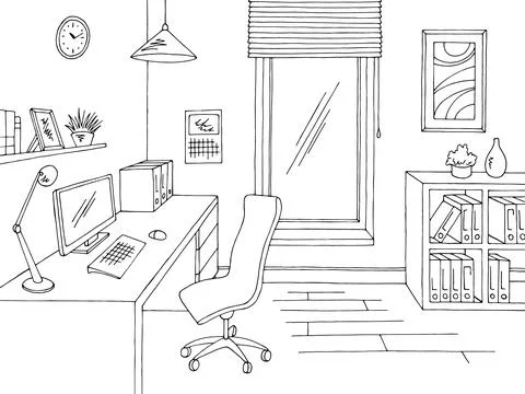 Office graphic black white interior sketch illustration vector Stock Illustration