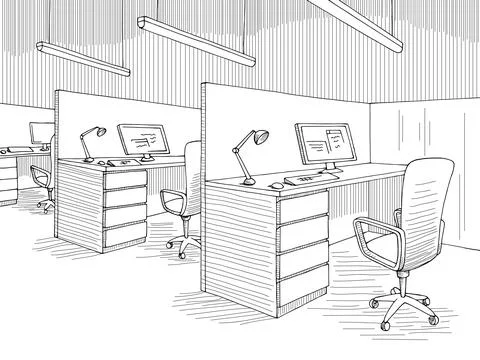 Office graphic black white interior sketch illustration vector Stock Illustration