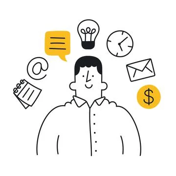 Office guy. Outline, linear, thin line, doodle art. Simple style with editabl Stock Illustration