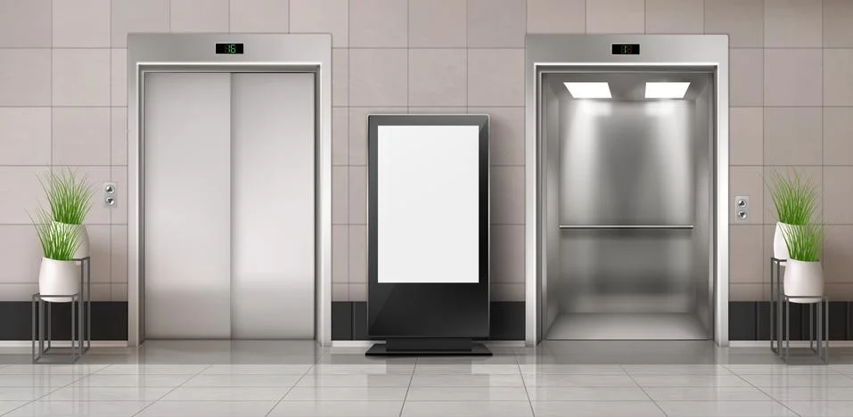 Office hallway with elevator and screen billboard Stock Illustration