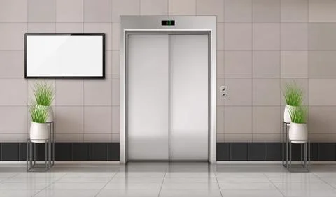 Office hallway with elevator and TV screen Stock Illustration