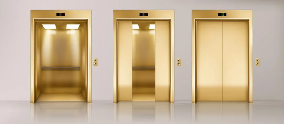 Office hallway with golden elevators Illustrazione stock