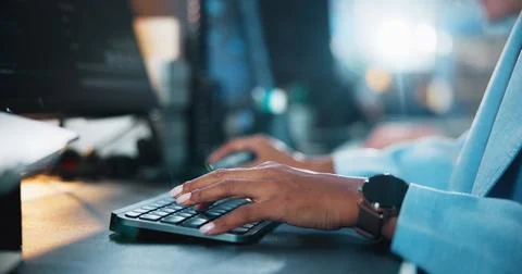 Office, hands and typing with computer for coding, web development and research Stock Photos