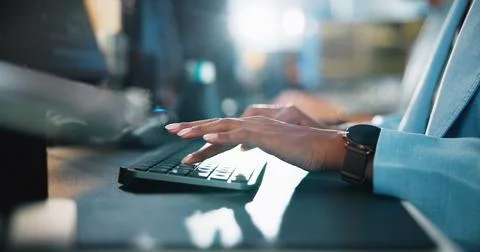Office, hands and typing with computer for programming, web development and 스톡 사진