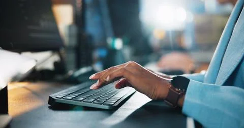 Office, hands and typing with computer for web development, coding and research Stock Photos