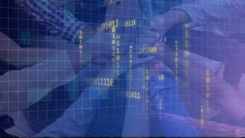 Office hands reaching and stacking, holding as grid and binary flowing, Stock Footage 335732098