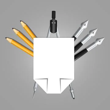 Office heraldry. composition with paper, compasses, pencil and pen. Vector Stock Illustration