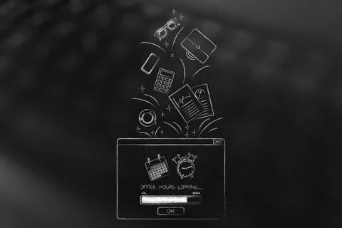 Office hours loading pop-up with progress bar and business objects coming out Stock Illustration