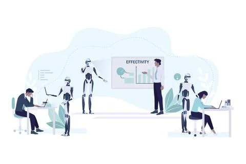 Office human and robot workers. Robot character help man and woman Stock Illustration
