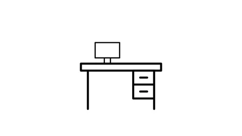 Office icon featuring a computer, coffee cup, and desk, symbolizing a works.. 스톡 동영상 334095142