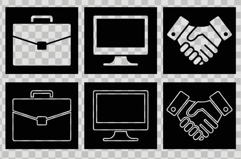 Office Icon Set, Briefcase Desktop Monitor and Handshake Deal Symbol White .. Stock Illustration