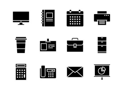 Office icon set solid style. Symbols for website, magazine, app and design. Stock Illustration