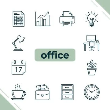 Office icons set with spreadsheet, graph, printer, light bulb, desk lamp, c.. Stock Illustration
