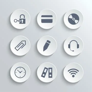 Office icons set - vector white round buttons Stock Illustration