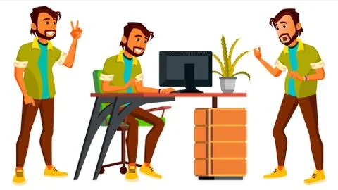 Office Indian Worker Vector. Emotions, Gestures. Set. Business Man. Professional Stock Illustration