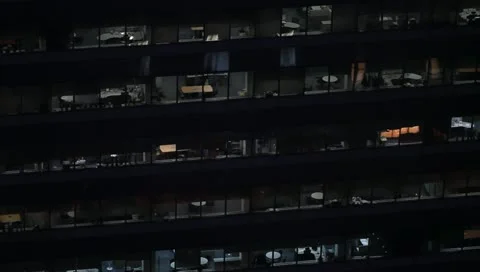 Office indoor view of skyscraper at night Stock Footage 11350289