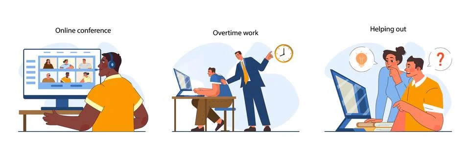 Office interactions set. Team communication scenes. Work process Stock Illustration