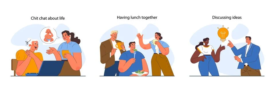Office interactions set. Team communication scenes. Work process Illustrazione stock