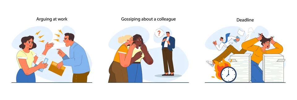 Office interactions set. Team communication scenes. Work process Stock Illustration