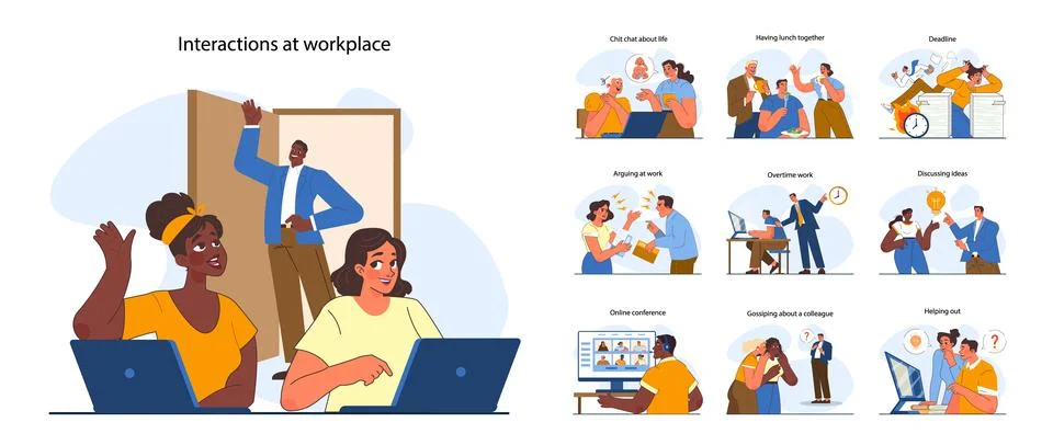 Office interactions set. Team communication scenes. Work process Stock Illustration