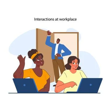 Office interactions set. Team communication scenes. Work process Illustrazione stock