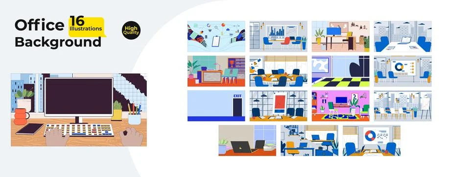 Office interior and workplace backgrounds cartoon flat illustrations mega bundle Stock Illustration