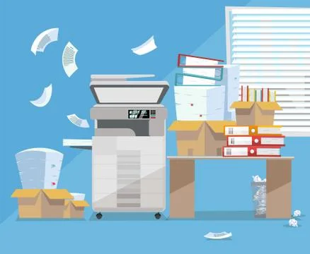 Office interior with big floor multifunction Copier printer scanner, desk , c Stock Illustration