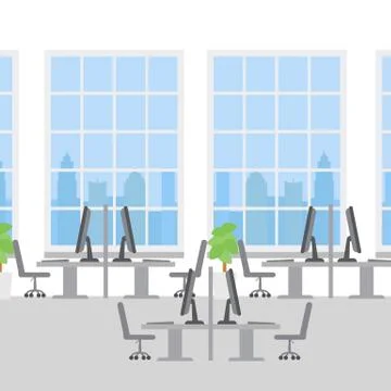 Office interior with computers and big windows 스톡 일러스트
