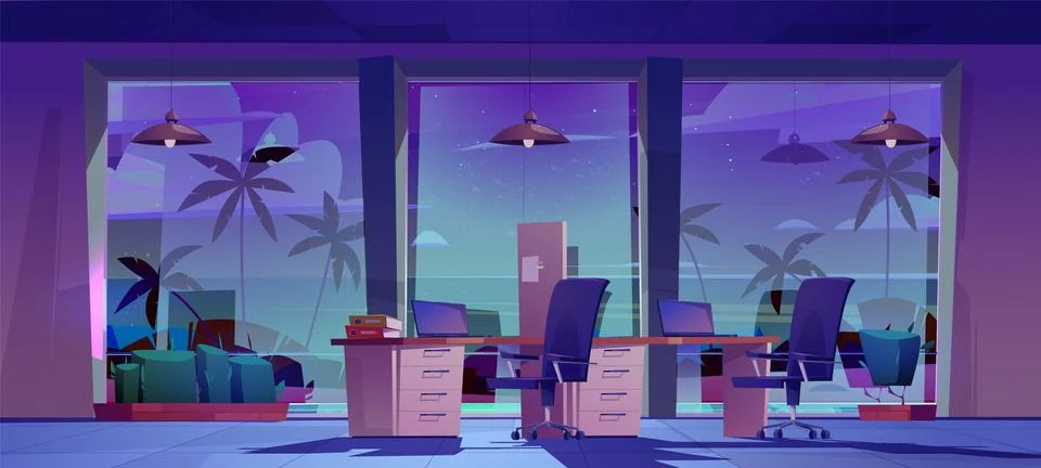 Office interior with computers at night Stock Illustration
