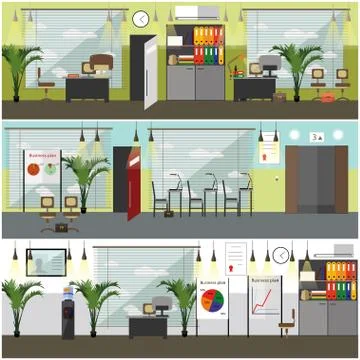 Office interior concept vector posters, banners in flat style Stock Illustration