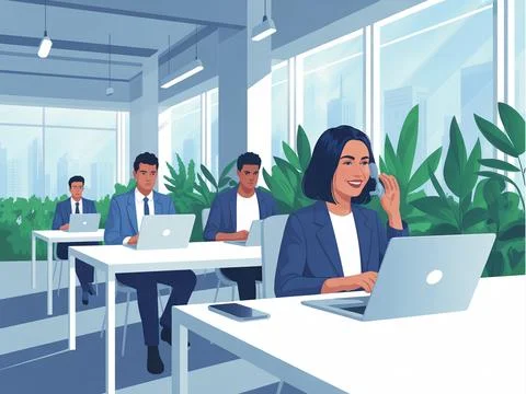 Office interior design a man working vector illustration Illustrazione stock