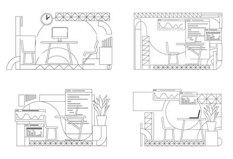 Office interior designs outline vector illustrations set Illustrazione stock