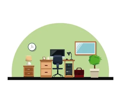 Office interior desk chair computer lamp mirror plant table clock style Stock Illustration