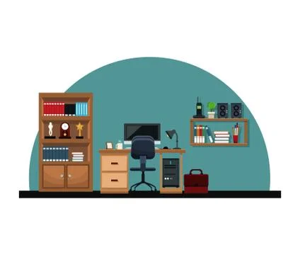 Office interior desk chair computer briefcase bookshelf trophy clock telephone Stock Illustration