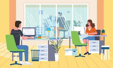 Office interior with the director's room separate with other employee, all em Stock Illustration