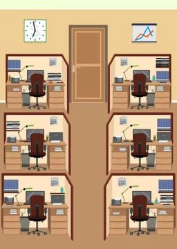 Office interior including six isolated work spaces with furniture. Stock Illustration