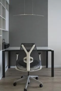Office interior with modern comfortable workspace - computer desk, orthopae.. Stock Photos