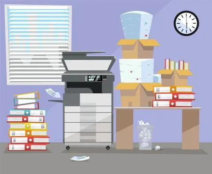 Office interior with multifunction Copier printer scanner, desk , clock near  Stock Illustration