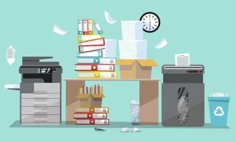 Office interior with multifunction printer scanner and shredder. Copier with  Stock Illustration