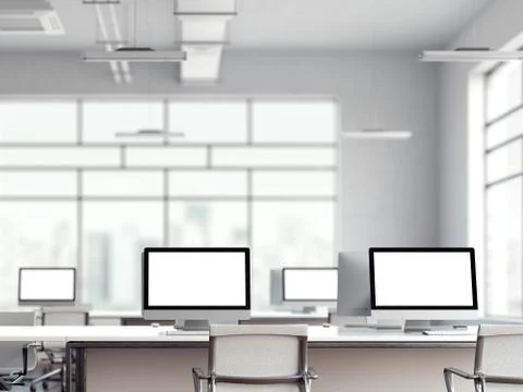 Office interior with multiple computer screens. 3d rendering Illustrazione stock